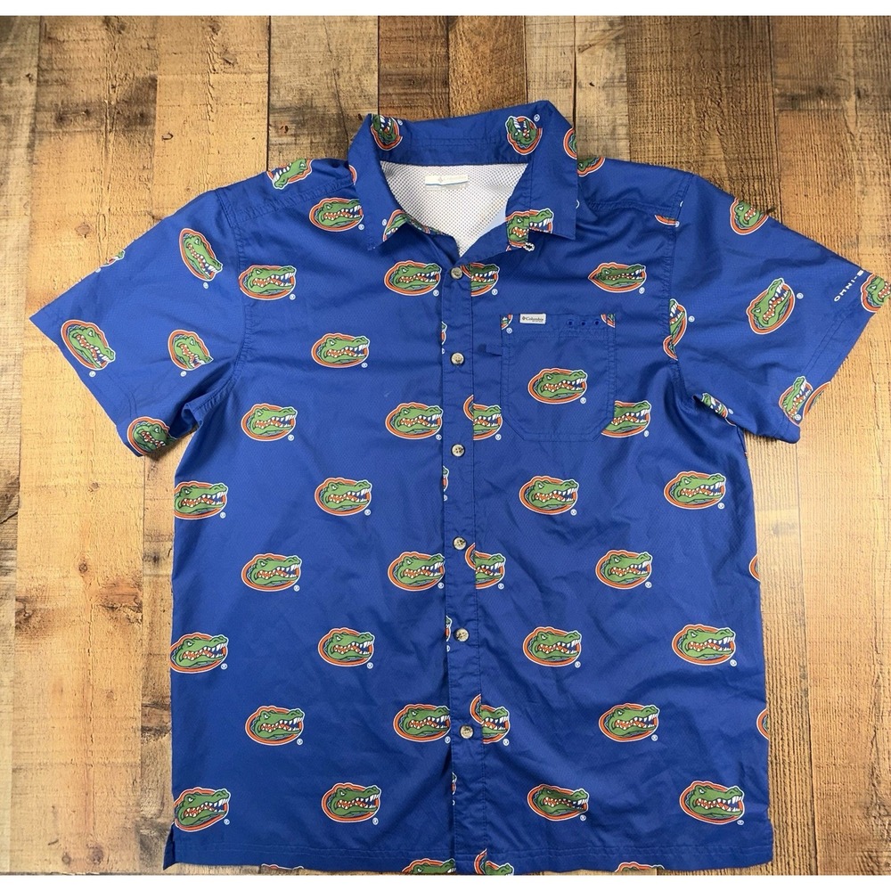 Columbia PFG Florida Gators Shirt Mens Large Blue Omni-Shade Fishing Button Up